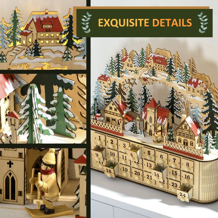 a collage of christmas scenes with wooden buildings and trees