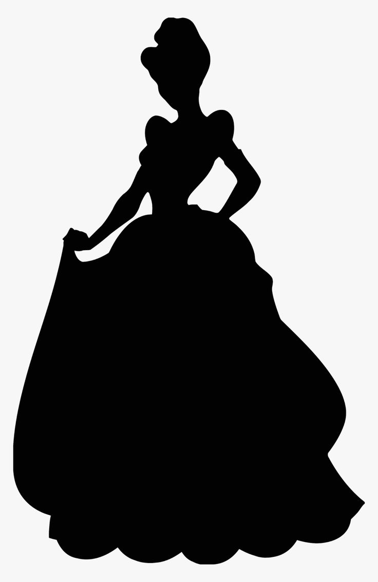 a black and white silhouette of a woman in a ball gown with her hands on her hips