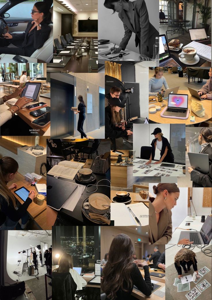 a collage of photos with people working on laptops and other things in the background