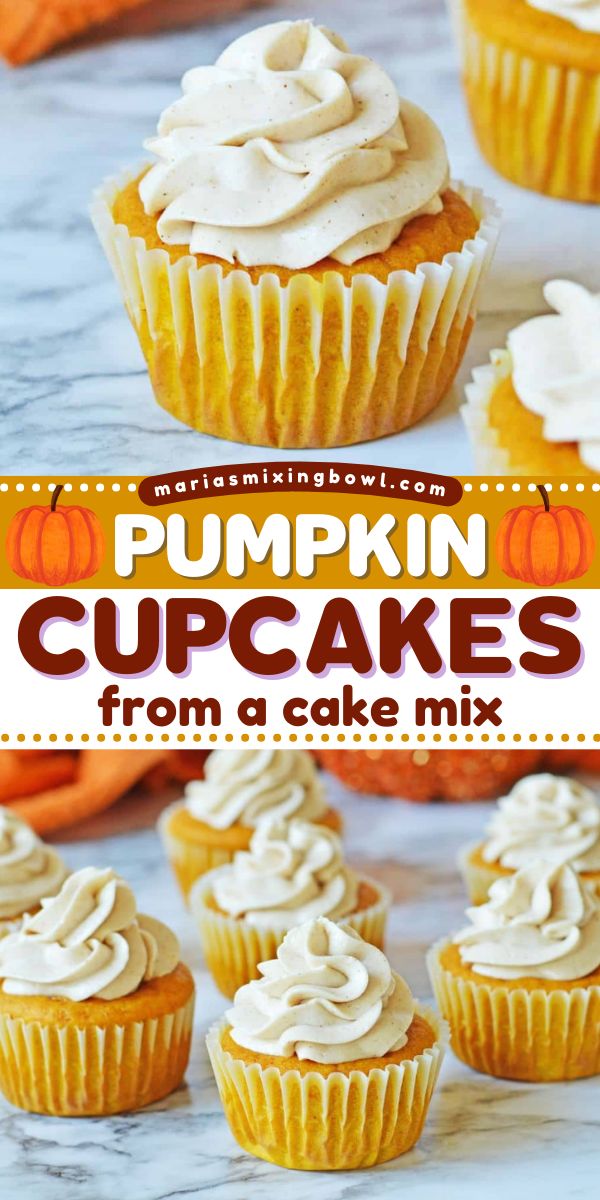 Pumpkin cupcakes from a cake mix are easy to make and full of classic fall flavor with a cinnamon cream cheese frosting. Pumpkin Cupcakes With Yellow Cake Mix Easy, Pumpkin Cinnamon Cupcakes, Boxed Pumpkin Cupcakes, Pumpkin Flavored Cake, Vanilla Pumpkin Cupcakes, Pumpkin Cupcakes Using Box Cake, Pumpkin Cake With Buttercream Frosting, Pumpkin Cupcakes With Spice Cake Mix Easy, Pumpkin Cake Mix Cupcakes