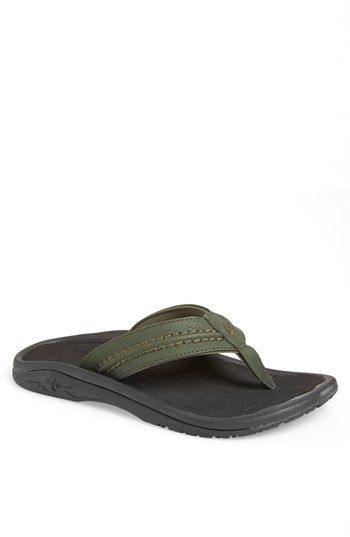 Men's OluKai 'Hokua' Flip Flop Comfortable Green Synthetic Flip Flops, Green Synthetic Flip Flops For Outdoor, Synthetic Open Toe Flip Flops For Outdoor Activities, Casual Foam Flip Flops With Textured Footbed, Textured Open Toe Flip Flops For Outdoor Activities, Textured Footbed Flip Flops For Outdoor Activities, Round Toe Flip Flops With Cushioned Footbed For Outdoor, Cushioned Slip-on Flip Flops For Outdoor, Cushioned Flip Flops For Outdoor Activities