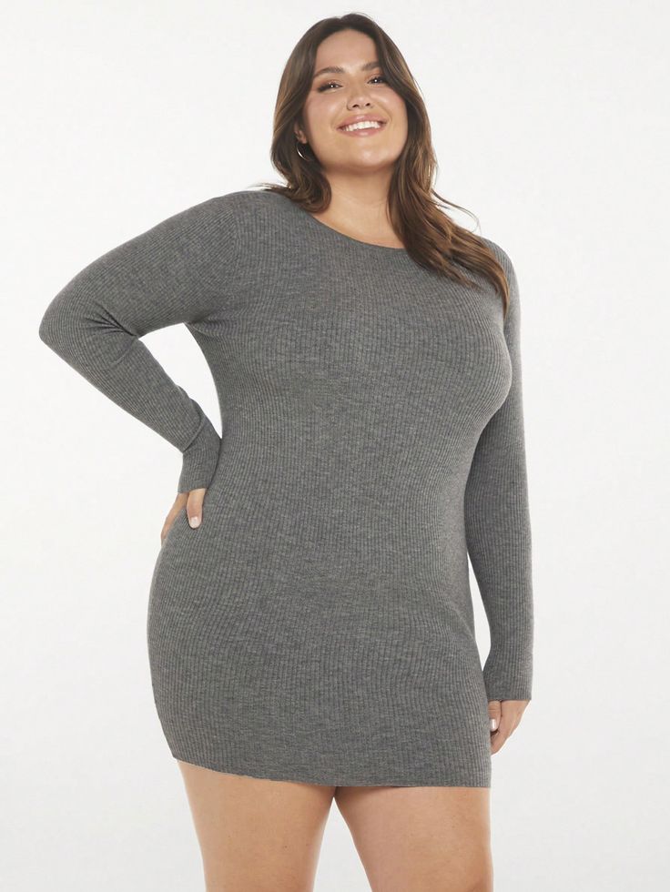 Plus Solid Ribbed Knit Bodycon Sweater Dress Grey Sexy  Long Sleeve Knitwear Plain  High Stretch  Women Plus Clothing, size features are:Bust: ,Length: ,Sleeve Length: Plus Size Sweater Dress, Plus Size Sweater, Bodycon Sweater, Plus Size Pullover, Bodycon Sweater Dress, Plus Size Sweaters, Kids Sleepwear, Kids Beachwear, Jumper Dress