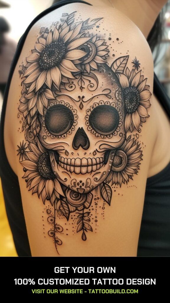 a woman's shoulder with sunflowers and a skull tattoo on the side