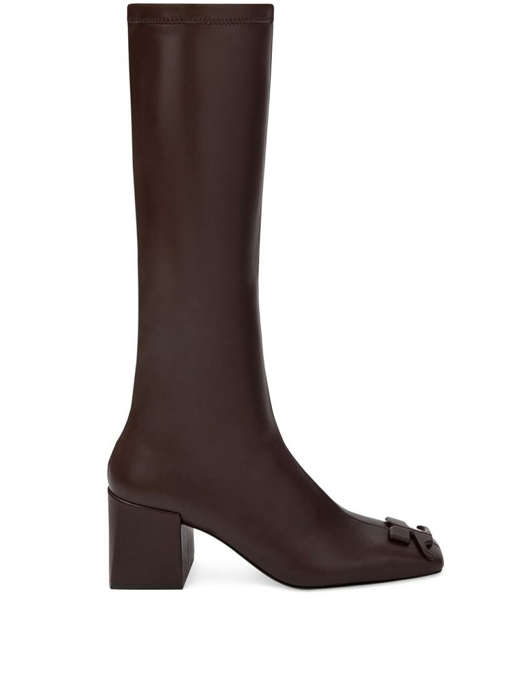 cedar brown calf leather embossed logo to the front slip-on style branded insole mid block heel Luxury Calf Leather Knee-high Boots With Square Toe, Luxury Brown Knee-high Boots For Business, Luxury Brown Knee-high Heeled Boots, Formal Brown Knee-high Boots With Leather Sole, Formal Brown Knee-high Boots With Reinforced Heel, Elegant Brown Mid-calf Boots For Formal Occasions, Brown Calf Leather Knee-high Boots With Square Toe, Designer Calf Leather Heeled Boots With Square Toe, Brown Formal Boots With Sculpted Heel