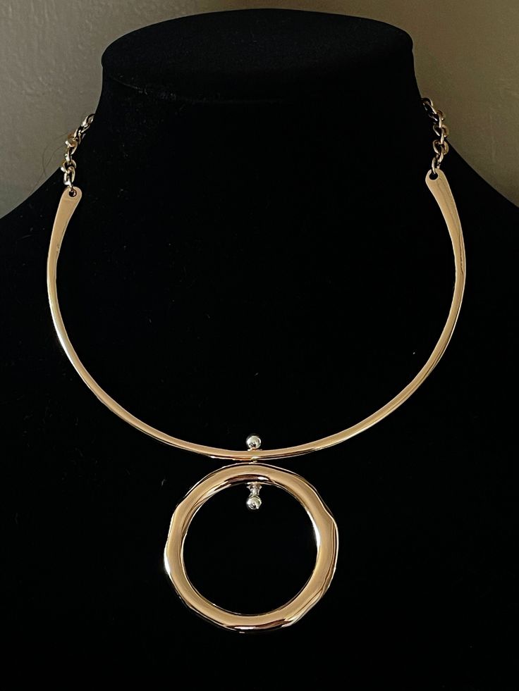 Gold Circle Pendant Necklace, Statement Jewelry, Geometric Style Necklace, Gift for Her, Choker 14" long Pendant 2" diameter Modern Metal Necklaces For Party, 16 Inch Round Metal Necklace, Elegant Metal Necklace With Large Pendant, Elegant Nickel Free Metal Chain Necklace, Elegant Nickel-free Metal Chain Necklace, Metal Round Choker For Party, Round Metal Choker For Party, Metal Choker For Party, Large Pendant Metal Necklace