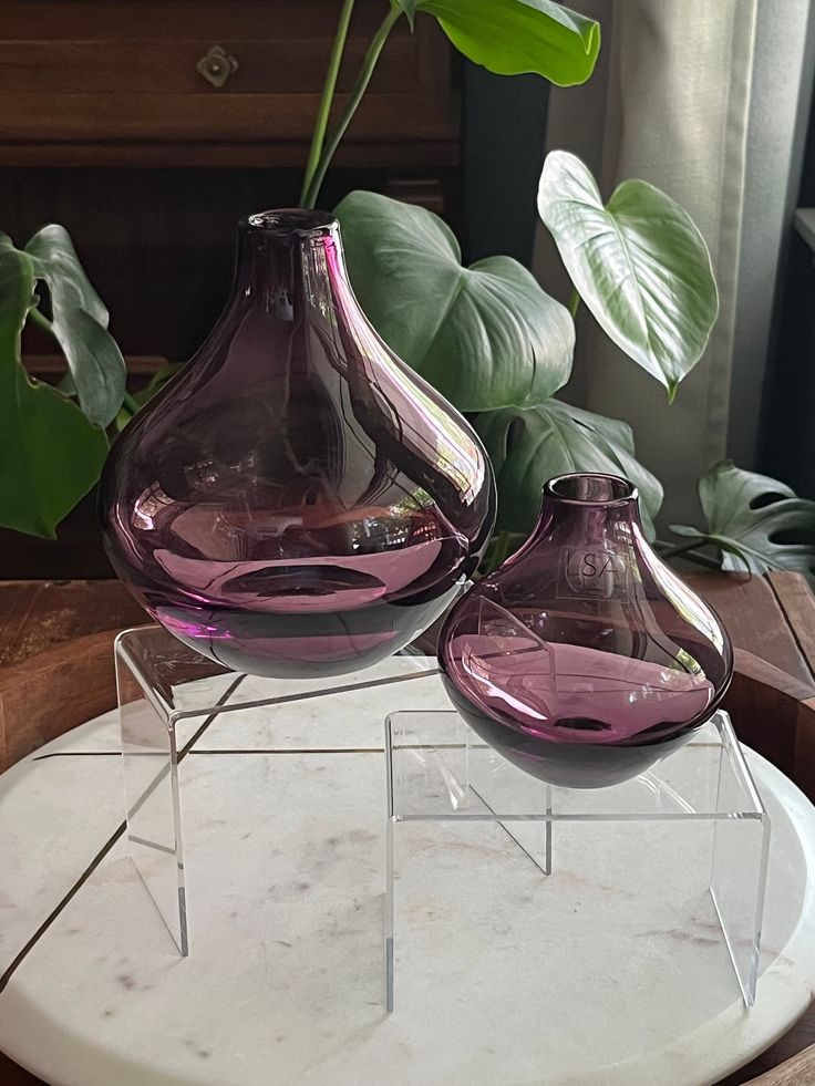 two purple vases sitting on top of a wooden table next to a green plant