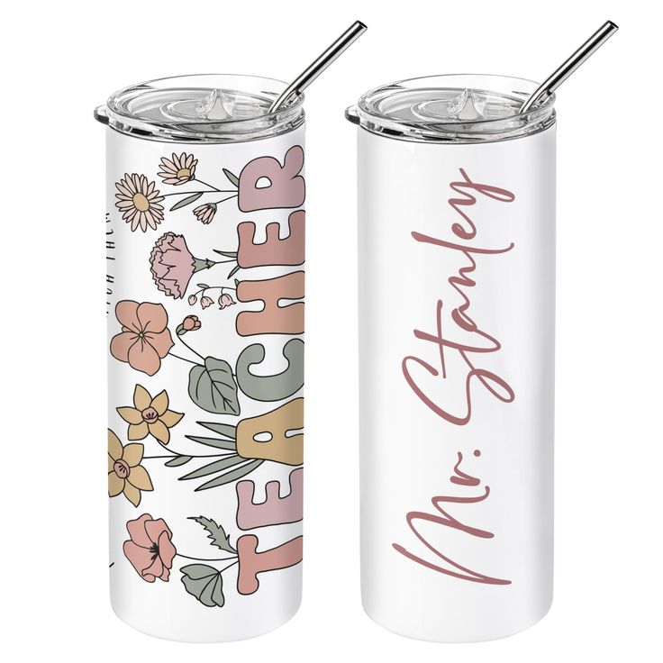 two white tumblers with floral designs and the words cheer written in pink on them