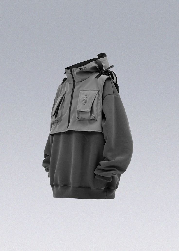 AW Fake Vest Hoodie - Jiye Heavy Industry - X Gray Techwear Hoodie For Outdoor, Streetwear Sportswear Hoodie, Sporty Half-zip Hoodie With Pockets, Gray Functional Streetwear Hoodie, Winter Half-zip Track Jacket For Streetwear, Functional Gray Sweatshirt For Streetwear, Gray Techwear Sweatshirt For Streetwear, Functional Hooded Sweatshirt With Pockets, Gray Urban Windbreaker For Streetwear