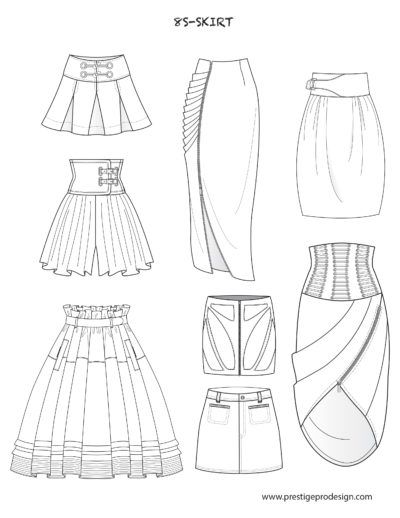 four different types of skirts, one with pleated skirt and the other with high waist