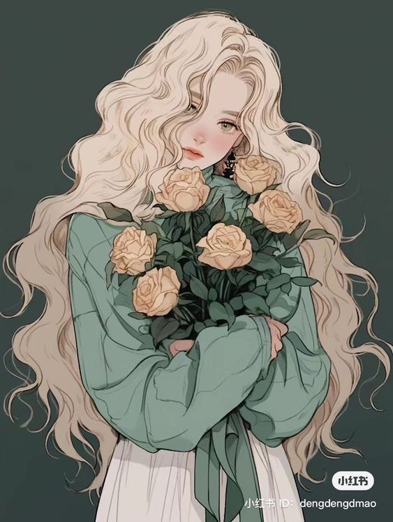 a woman with long blonde hair holding roses