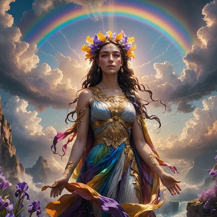 a woman in a dress with flowers on her head standing under a rainbow colored sky