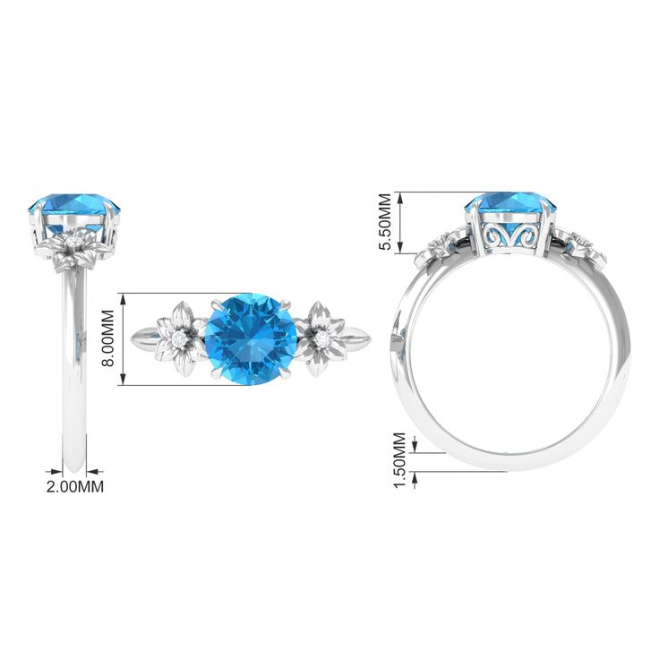 Product Details Give her a memorable gift with this Solitaire Ring featuring a round-cut Swiss Blue Topaz solitaire accented with Diamond stones in a flower design set in a Claw Setting. Crafted from high-quality metal, this beautiful ring is sure to make her smile. Product Information SKU SHP-RINGS0821213499 Width 5.5 mm Height 8 mm Weight 2.50 gm (Approximate) SWISS BLUE TOPAZ INFORMATION No.of Stones 1 Pieces Total Weight 2.00 Carat (Approximate) Dimension(approx) Round-8X8 mm-1 Pcs Color Blue Cut Brilliant Shape Round Setting Type Claw-Set Quality Grade AAA DIAMOND INFORMATION No.of Stones 2 Pieces Total Weight 0.05 Carat (Approximate) Dimension(approx) Round-1.50X1.50 mm-2 Pcs Color HI Cut Brilliant Shape Round Setting Type Claw-Set Quality Grade SI View More Product Parent Collection