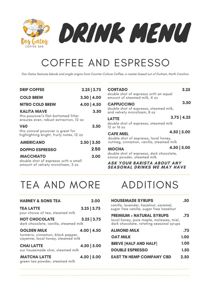 the menu for coffee and espresso