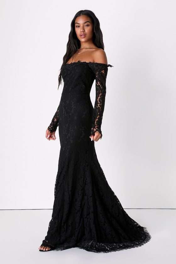 Lulus Exclusive! An evening spent in the Lulus Romance Dreamer Black Lace Off-the-Shoulder Maxi Dress is one you'll dream about for days to come! Sheer floral lace creates a stunning overlay atop a knit liner as it shapes an off-the-shoulder neckline (with hidden no-slip strips), trimmed with crochet lace details. Sheer long sleeves, with eyelash-trimmed cuffs, frame a darted bodice and fitted waist atop a stunning A-line maxi skirt. A dramatic drop seam at back sits above a train for a show-... 2023 Dress, Long Sleeve Prom, Black Prom Dress, Formal Dresses Gowns, Prom Dress Inspiration, Black Prom, Trendy Dress, 2024 Trends, Black Wedding Dresses