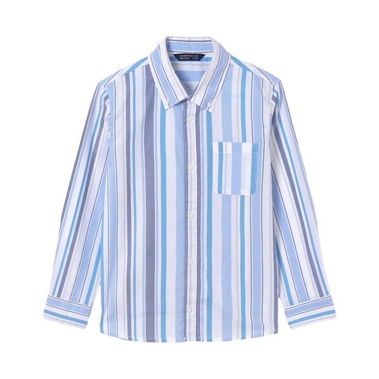 Mayoral Nukutavake Blue shirt with multi vertical stripes. Ideal for sunny days and a smart casual occasion, this long-sleeved shirt is made in lightweight, breathable cotton. 100% cotton. Blue Vertical Stripes Button-up Shirt, Blue Horizontal Stripe Long Sleeve Top, Blue Striped Long Sleeve Top, Blue Long Sleeve Tops With Horizontal Stripes, Blue Long Sleeve Top With Horizontal Stripes, Blue Shirt With Horizontal Stripes For Summer, Long Sleeve Cotton Shirt With Horizontal Stripes, Blue Long Sleeve Shirt With Striped Collar, Classic Blue Horizontal Stripe Tops