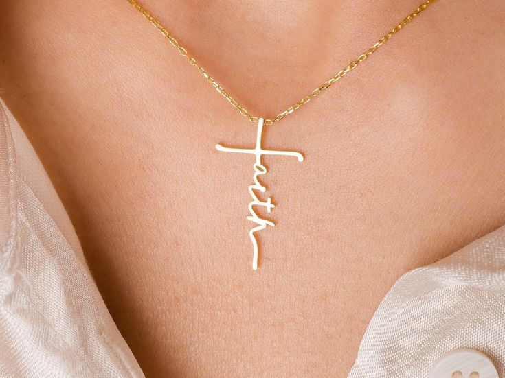 "Faith Cross Necklace, Rose Cross Necklace, Gift Necklace, Birthday Gift ♦ Material: Solid 925 Sterling Silver ♦ Letter Height: 5 mm. ♦ Finish: Sterling Silver, Rose Gold, Plated Gold ♦ All items are made to order according to your personalization choices. ♦ Turn around time may vary depending on the season. HOW TO ORDER: ♦ Please choose the color (gold, silver, rose gold) and length (14\" - 16\" - 18\")" Girly Necklace, Personalized Gold Necklace, Bday Gifts, Necklace Christian, Faith Necklace, Faith Cross, Christian Necklace, Personalized Cross, Outfit Check