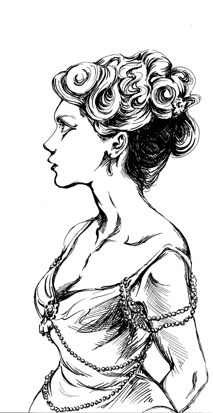 a black and white drawing of a woman in a dress with curls on her head