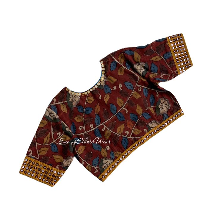 This Multi Coloured Pen Kalamkari Mirror Embroidered Blouse will make a chic addition to your casual assortment.  Item : Blouse Material : Silk Size fits 36/42 ( Margins Included) Colour : Multi Colour Sleeve length :  10.5 inches Back Neck : High Neck Front Neck : 6.5 inches - U Neck Padding : No Lining : Yes  Blouses are designed in-house from SumasEthnicWear  Care : Hand wash separately | line dry in shade | warm Iron Note: Minor colour differences possible due to light and device screen sett Kalamkari Blouse Designs, Multi Color Pen, Kalamkari Blouse, Saree Blouses, Yellow Silk, Blouse Material, Colored Pens, U Neck, Embroidered Blouse