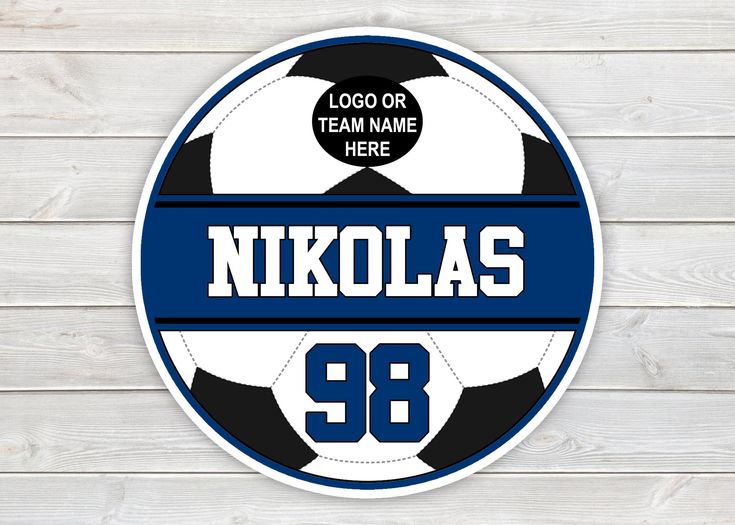 a blue and white soccer ball with the name nikola's 98 on it in front of a wooden background