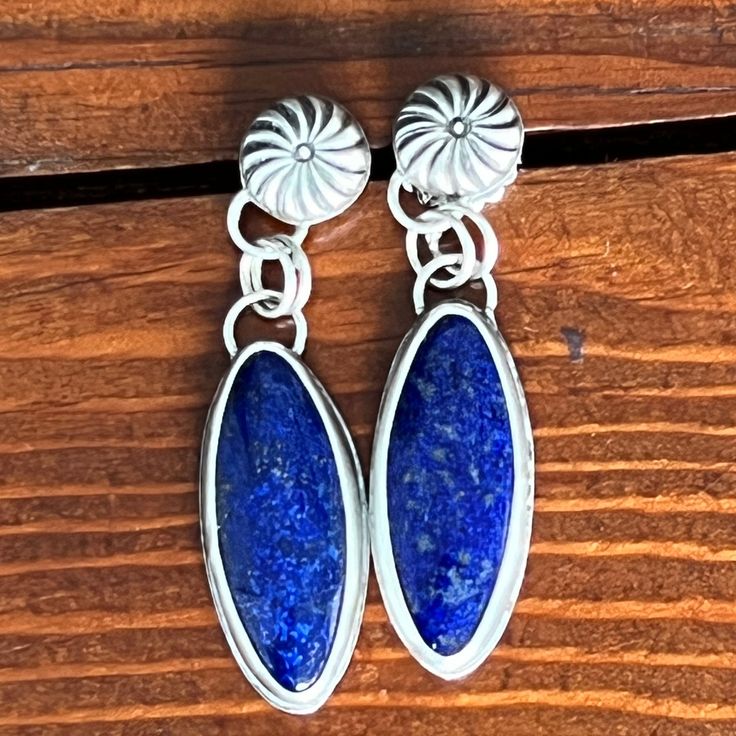 Lapis Lazuli Drop Earrings with Small Silver Concho Studs Artisan Blue Earrings, Blue Cabochon Sterling Silver Earrings, Silversmithing Jewelry, Lapis Stone, Lapis Lazuli Earrings, Southwest Design, Stud Set, Vibrant Blue, Stone Earrings