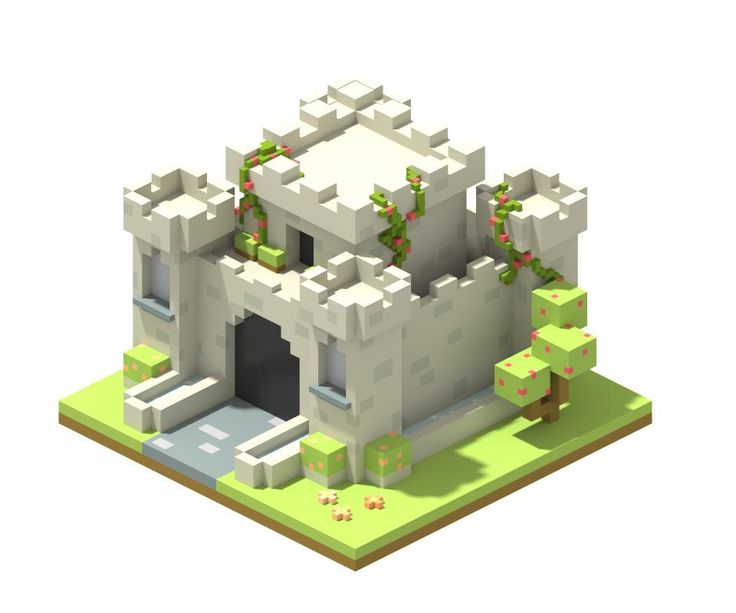 a low poly model of a castle with trees and bushes on the roof, in front of a white background