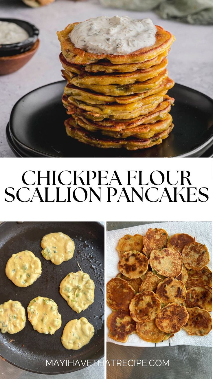 Gluten-Free Savory Scallion Pancakes are made with chickpea flour and served with a tangy greek yogurt caper sauce! Chickpea Flour Pancakes Savory, European Pancakes, Chickpea Flour Pancakes, Chickpea Pancakes, Caper Sauce, Flour Pancakes, Scallion Pancakes, Savory Pancakes, Chickpea Flour