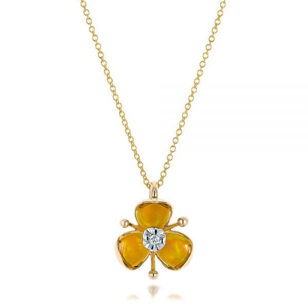 101976 14k Yellow Gold Pendant   Yellow Opal   Diamond - .04 ctw   Clarity: SI1 - Color: I   Galatea. This elegant pendant features a diamond prong set in the center atop a yellow opal, all of which sits in the middle of a concave yellow gold body with organic overtones. It’s just one of the many pieces that make up the Illusia Collection by Galatea that we carry here at Joseph Jewelry, and you can stop by our Bellevue, WA showroom any time to view or try it on.       We are proud to have a long Yellow Gold Brilliant Cut Diamond Flower Pendant Necklace, Gold Diamond Necklace With Brilliant Cut In Flower Shape, Fine Jewelry Yellow Gold Flower-shaped Diamond Necklace, Yellow 14k Gold Jewelry With Diamond Accents, Yellow Gold Flower-shaped Diamond Necklace, Yellow Gold Sterling Silver Diamond Necklace With Flower Pendant, Yellow Gold Flower Shaped Diamond Necklace, Yellow Gold Diamond Necklace With Brilliant Flower Cut, Yellow Gold Flower-shaped Diamond Necklace For Anniversary