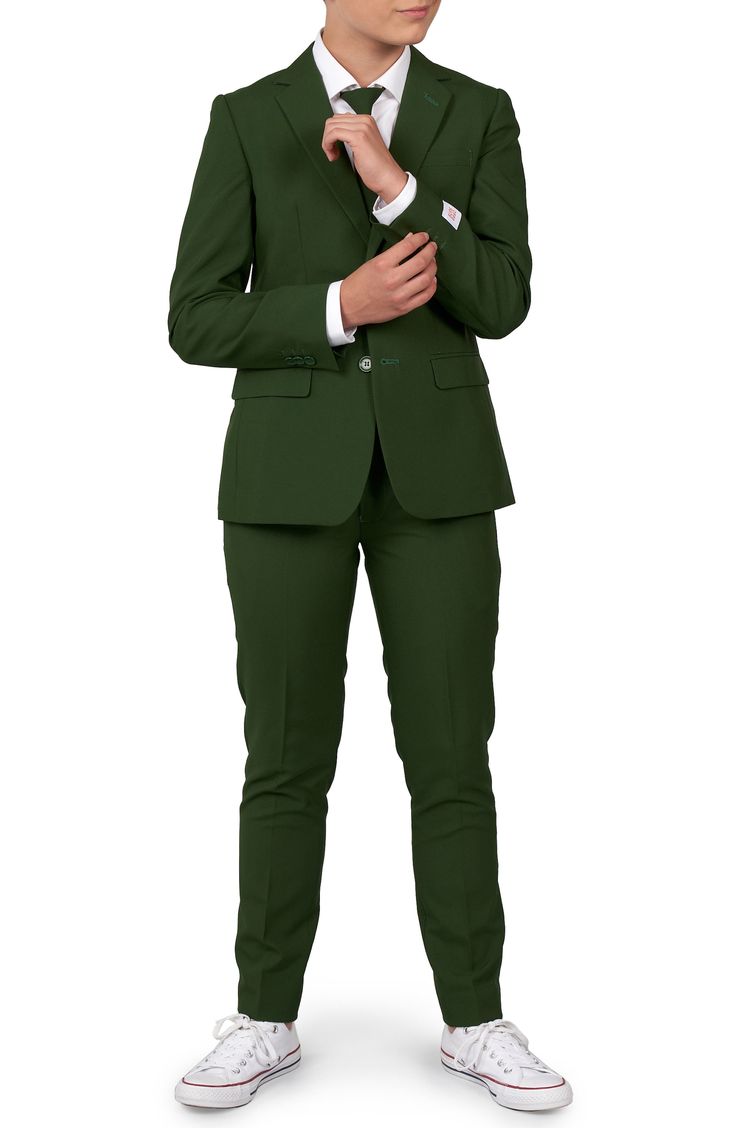 Formal style doesn't have to come at a bank-breaking price; OppoSuits pairs a classic jacket with trousers and a complementary tie in clean and glorious green. Jacket has two-button closure; notched lapels; nonfunctional three-button cuffs; chest pocket; front flap pockets; side vents Trousers have zip fly with button-tab closure; front slant pockets; back welt pockets Lined 100% polyester Machine wash, line dry Imported 8th Grade Formal Dresses For Teens Boys, Professional Fitted Solid Color Pantsuit, Uniform Tailored Suits For Workwear, Fitted Uniform Style Blazer For Semi-formal Occasions, Semi-formal Uniform Style Fitted Blazer, Semi-formal Fitted Uniform Style Blazer, Semi-formal Fitted Uniform Blazer, Green Suiting Fabric Sets For Workwear, Classic Green Slim Fit Sets