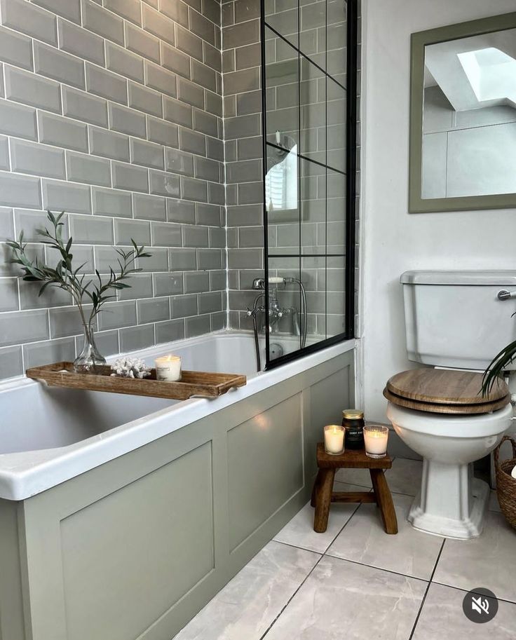 a white toilet sitting next to a bath tub in a bathroom under a window with a potted plant on top of it