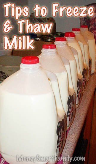 six gallon jugs of milk sitting on top of a counter with the words tips to freeze and thaw milk