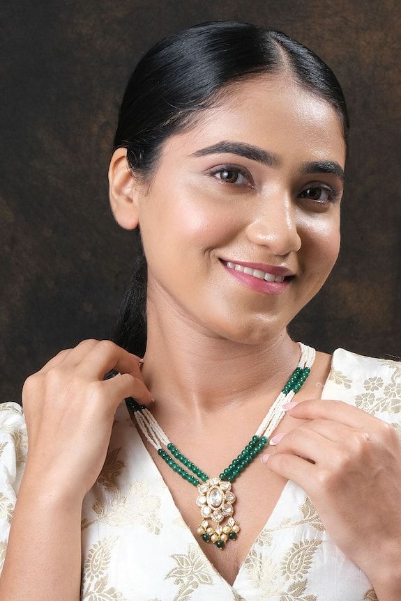 Rhodium gold plated pendant necklace embellished with white and green moissanite polki stones. - Aza Fashions Polki Pendant Set, Polki Pendant, Green Moissanite, Jewelry Product Shots, Diana Penty, Product Shots, Luxury Sale, Modern Bride, Pendant Set