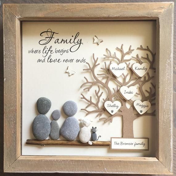 a family is where life begins and love never ends framed in a wooden frame with rocks