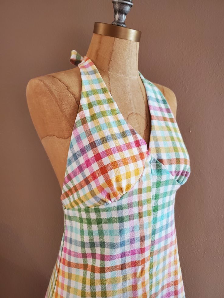 1970's Inspired Gingham Halter Picnic Dress / Cottagecore Dress / Handmade Slow Summer Fashion Retro Plaid Summer Dress, Retro Cotton Dress For Picnic, 70’s Fashion Women, 60s Summer Fashion, Fruity Aesthetic, 90s Summer Dress, Slow Summer, Outfit Inso, 70s Party