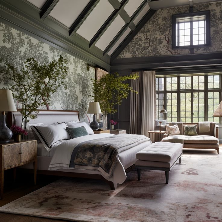 a bedroom with a large bed sitting next to a chair and ottoman in front of a window