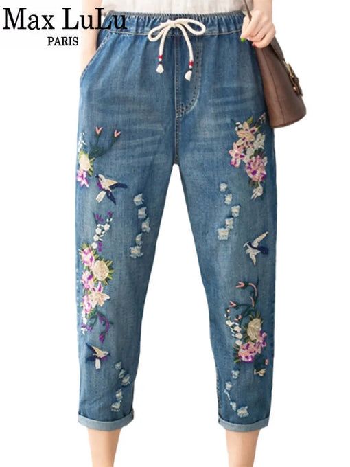 SPECIFICATIONS Womens Vintage Floral Loose Denim Pants 2022 Spring Chinese Style Casual Ripped Blue Jeans Holes Elastic Harem Trousers Brand Name: Max LuLu   Material: COTTON Material: microfiber Elasticity: Non Strech Fabric Type: Softener Length: Calf-Length Pants Fit Type: LOOSE Style: Casual Decoration: Embroidery Spring Cropped Leg Denim Blue Jeans, Denim Blue Cropped Jeans For Spring, Spring Denim Blue Cropped Jeans, Spring Cropped Jeans In Denim Blue, Spring Denim Blue Trousers, Spring Baggy Dark Wash Cropped Jeans, Spring Baggy Medium Wash Cropped Jeans, Casual Spring Jeans Trousers, Blue Denim Pants For Spring