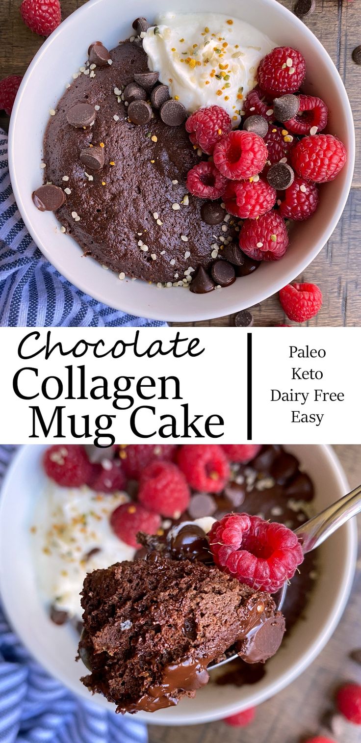 chocolate collagen mug cake with raspberries and whipped cream on the side