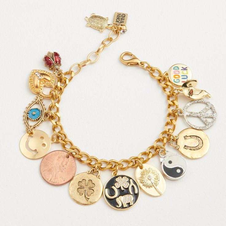 Good Luck Mini Charm Bracelet Good Luck Charm Bracelet, Good Luck Jewelry, Good Luck Charms Bracelet, Vintage Adjustable Bracelet With Dangling Charms, Vintage Adjustable Bracelets With Dangling Charms, Brass Charm Bracelet Jewelry, Brass Bracelet With Charms, Vintage Charm Brass Bracelet, Vintage Adjustable Charm Bracelet With Dangling Charms