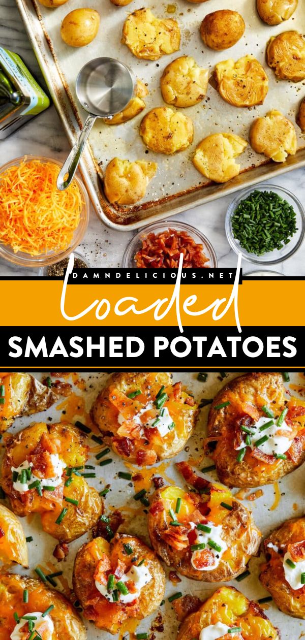 Learn how to make Loaded Smashed Potatoes! This easy appetizer is a game day recipe you don't want to miss. Topped with sour cream, bacon, and chives, these bite size baked potatoes are a perfect football party food. Save this snack idea! Smashed Baby Potatoes, Easy Game Day Food, Loaded Smashed Potatoes, Potato Appetizers, Crispy Smashed Potatoes, Mini Potatoes, Bowl Party Food, Potato Bites, Loaded Baked Potatoes