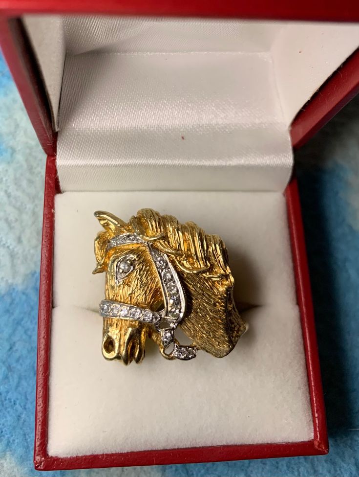 Layaway available. WOW! WOW! WOW!  Beautiful Vintage 14k gold and diamond Horsehead ring. Came from an Estate in Upstate N.Y. This is a statement piece and a ring for the individual that likes a large substantial ring. It is all gold and can be sized up or down. It currently looks to be a size 7 or 7.5 depending on how you turn the band. It looks great on the the ring finger, pointer finger or middle finger too. Nice thick gold band and well made.  This ring is a kockout! Beautiful horse head wi Thick Gold Band, Too Nice, Beautiful Horse, Diamond Eyes, Doll Eyes, Original Clothes, Unisex Ring, Horse Head, Ring Finger