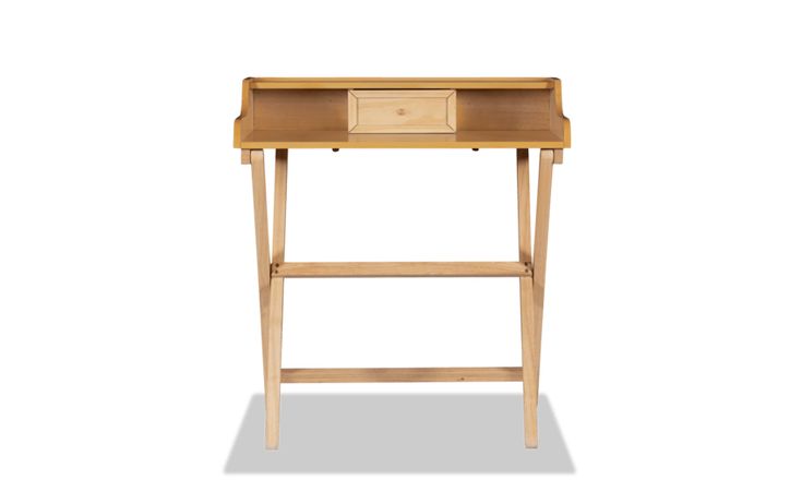 a wooden desk with a drawer on the top and one drawer at the bottom, against a white background