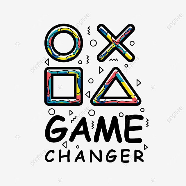 the words game changer are drawn in black and white with colorful shapes on it