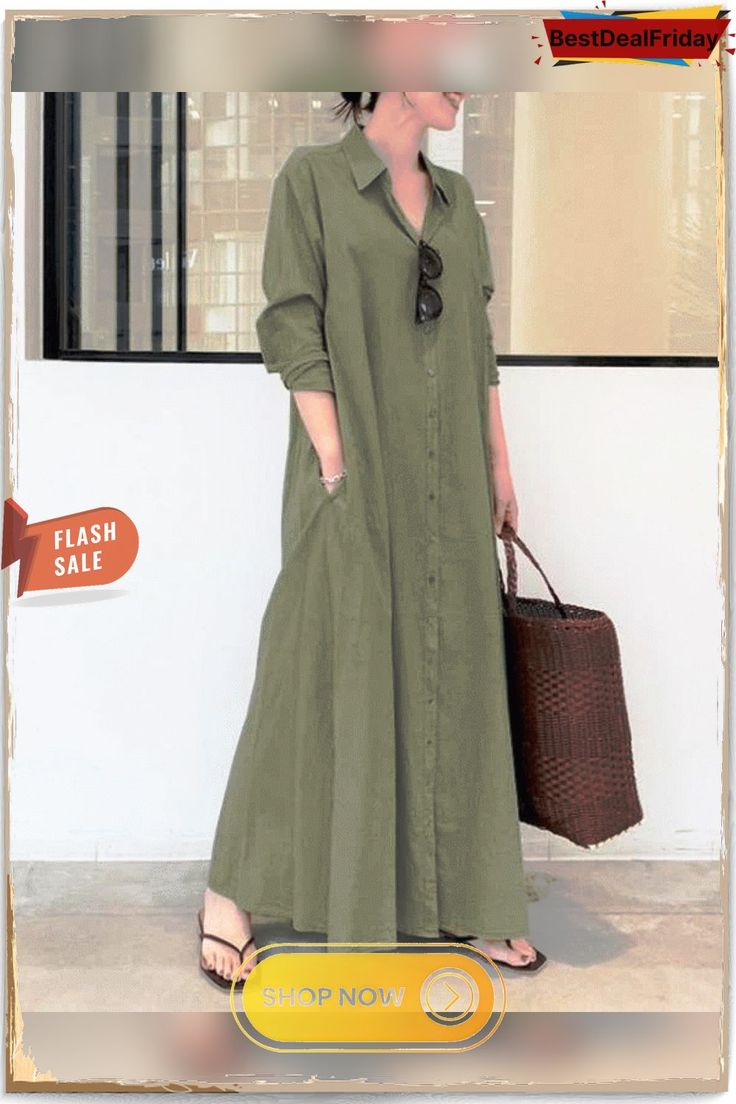 Casual Solid Cotton Linen Shirt Collar Long Sleeve Maxi Dress P591060 Casual Collared Solid Color Shirt Dress, Casual Collared Shirt Dress In Solid Color, Long Casual Shirt Dress For Spring, Casual Long Shirt Dress For Spring, Casual Spring Shirt Dress In Solid Color, Casual Green V-neck Shirt Dress, Casual Oversized Solid Color Shirt Dress, Oversized Solid Casual Shirt Dress, Casual Long Sleeve Shirt Dress With Pockets