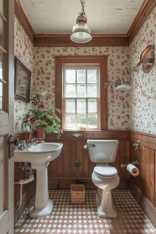 a bathroom with a toilet, sink and mirror next to a wallpapered wall