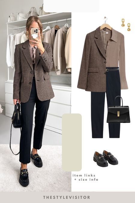 Taupe Blazer Outfit Work, Black And Brown Business Outfit, Winter Blazers Women, Chocolate Blazer Outfit, Work Outfits For Short Women, Checkered Pants Outfit Work, Brown Checkered Blazer Outfit, Brown Checked Blazer Outfit, Winter Office Shoes