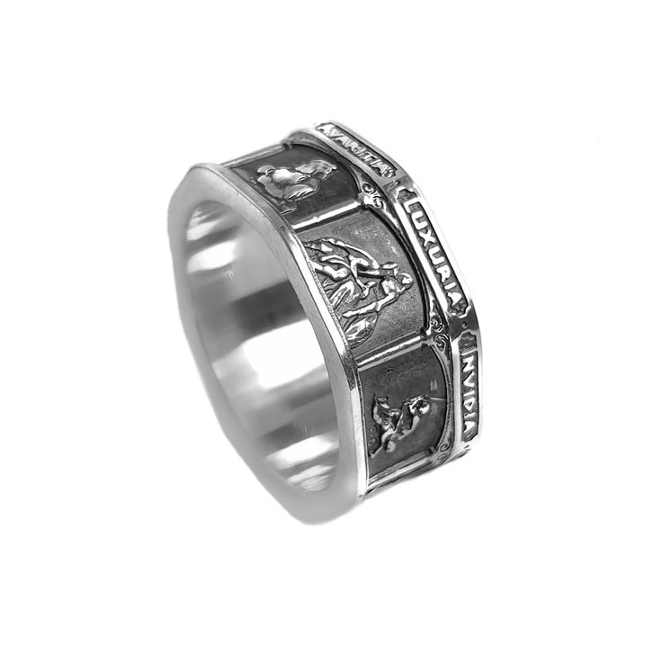 Seven Cardinal Sins theological Ring from INDIGO Jewelry Embrace the profound and provocative with our Seven Deadly Sins Ring, meticulously crafted in fine sterling silver. This unique piece serves not only as a stunning adornment but also as a contemplative artifact, inviting reflection on moral philosophy and personal ethos. Each of the seven segments intricately represents a different sin, reminding the wearer of the balance between virtue and vice. Ideal for those who appreciate the symbolis Symbolic White Gold Engraved Open Ring, Anniversary Spiritual Skull Ring, Spiritual Ring With Engraving Option, Spiritual Silver Signet Ring For Wedding, Spiritual White Gold Ring Stamped 925, Spiritual Engraved Ring Jewelry, Spiritual Style White Gold Sterling Silver Rings, Spiritual Promise Rings With Engraving Option, Spiritual White Gold Sterling Silver Ring