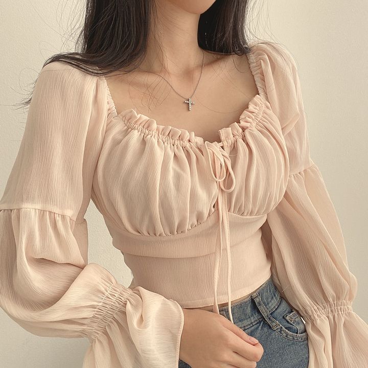 Spring Knitwear, Fairycore Clothes, Women Chiffon Blouse, Fairy Skirt, Blouse Summer, Laced Up Shirt, Elegant Blouses, Cropped Tops, Summer Fabrics