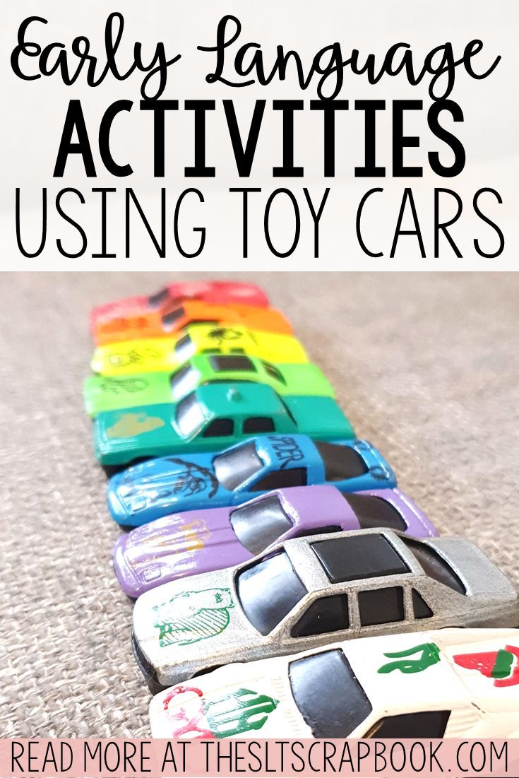 a row of toy cars with text overlay reading early language activities using toy cars