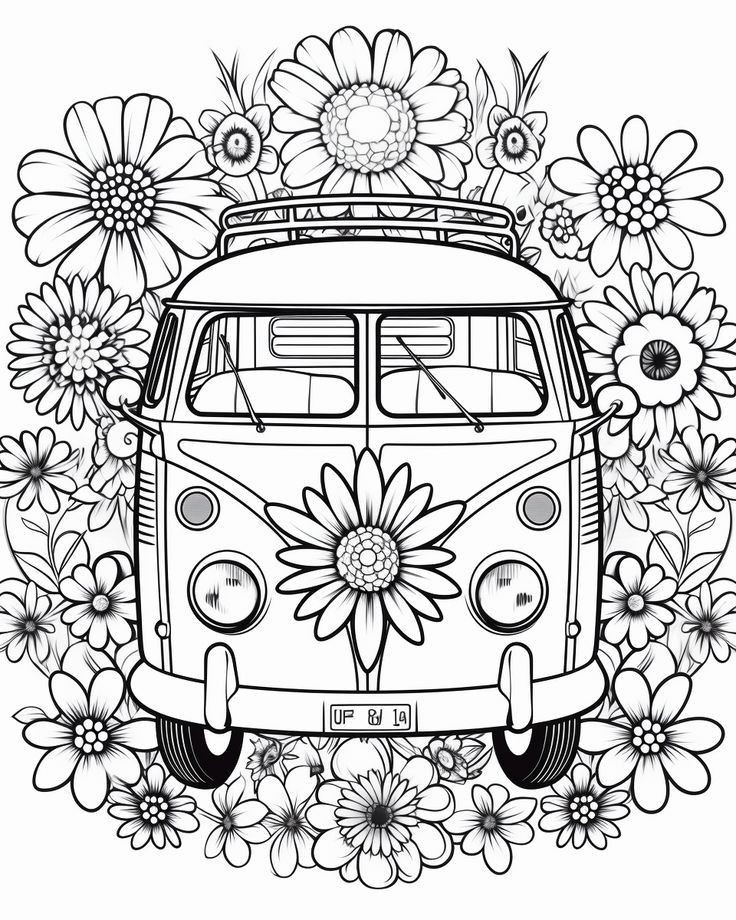 the vw bus is surrounded by flowers and daisies in black and white ink