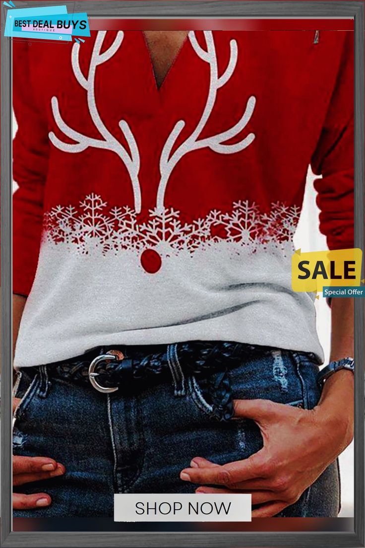 Christmas Elk Print Long Sleeve Lapel T-shirt & Top Red Long Sleeve Christmas T-shirt, Red Long Sleeve Christmas Tops, Casual V-neck T-shirt For Winter, Winter Holiday Long Sleeve T-shirt, Red Long Sleeve Winter T-shirt, Red Long Sleeve T-shirt For Winter, Red Crew Neck Christmas Top, Casual Long Sleeve Christmas Tops, Casual Christmas Long Sleeve Tops