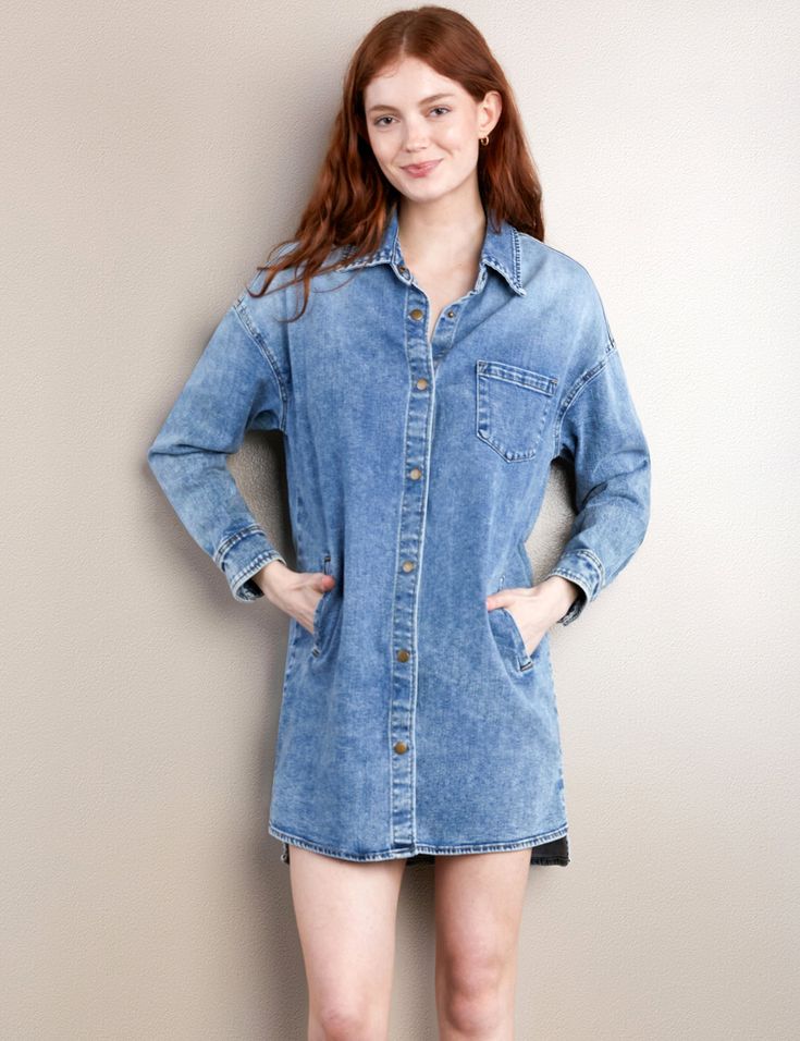 This WL Denim Shirtdress is cut from stretchy denim and meant to be worn whenever you're feeling extra-cute and carefree - AKA, everyday! The model is 5'7" wearing a size small Fabric: 95% Cotton 4% Polyester 1% Spandex Length: 33.5" length from shoulder Denim Blue Relaxed Fit Mini Denim Dress, Relaxed Fit Denim Blue Mini Denim Dress, Light Wash Chambray Denim Dress For Day Out, Denim Blue Mini Length Relaxed Fit Denim Dress, Washed Blue Chambray Denim Dress For Day Out, Light Wash Chambray Dress For Day Out, Denim Blue Mini Denim Dress With Relaxed Fit, Relaxed Fit Mini Length Denim Dress, Long Sleeve Medium Wash Denim Dress For Day Out